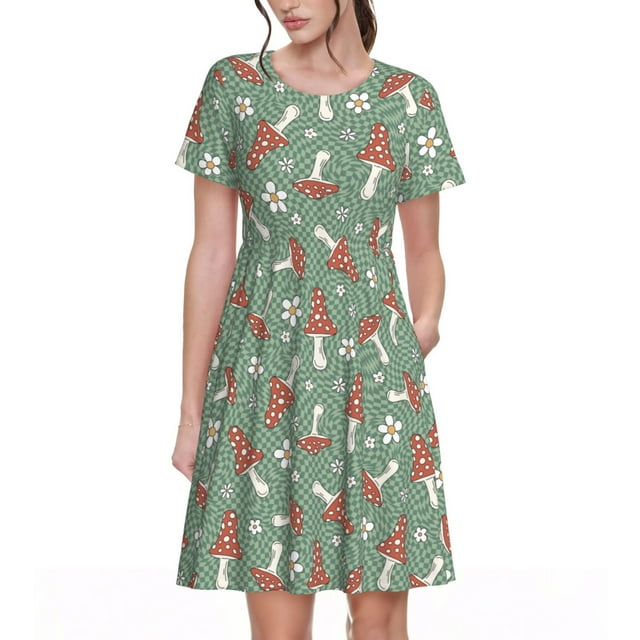 Vsdgher Rétro Hippie Champignon Groovy pour Femmes Été 2025 Robes Midi Maxi Décontractées Légères Manches Courtes Col Rond Robe de Plage