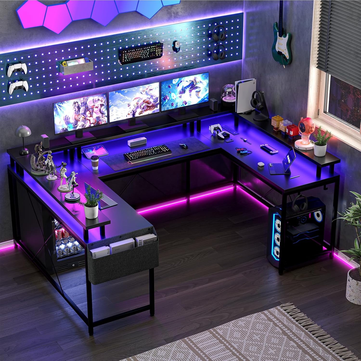 U Shaped Desk with Power Outlets & LED Lights, 79" Reversible L Shaped Desk, Corner Computer Desk Office Desk with Full Monitor Stand, Black