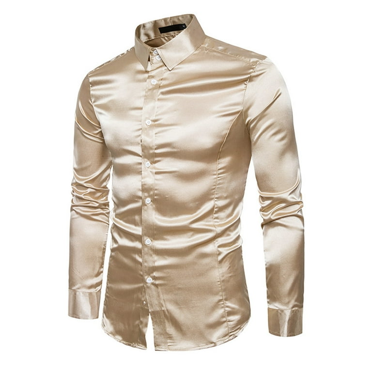 MAWCLOS Mens Luxury Shiny Silk Like Satin Shirts Long Sleeve Slim