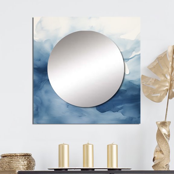 Designart "Blue And White Flowing Aquarelle Clouds" Abstract Painting Square Mirror Wall Decor Modern - Large Blue Square Bathroom Mirror - Square Printed Wall Mirror Art