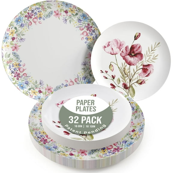 Heavy Duty Paper Plates Set For 16 Guests - 16 Each Of 8-inch And 10-inch Disposable Plates For Party - Fancy 32 Piece Dinnerware Set For All Occasions | Floral Design, Provincial