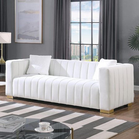 HD JUNTUNKOR 87.01"W Velvet Chesterfield 3 Seat Sofa Couch with 2 Pillows, Modern Tufted Upholstered Sofa for Living Room Apartment Office, White