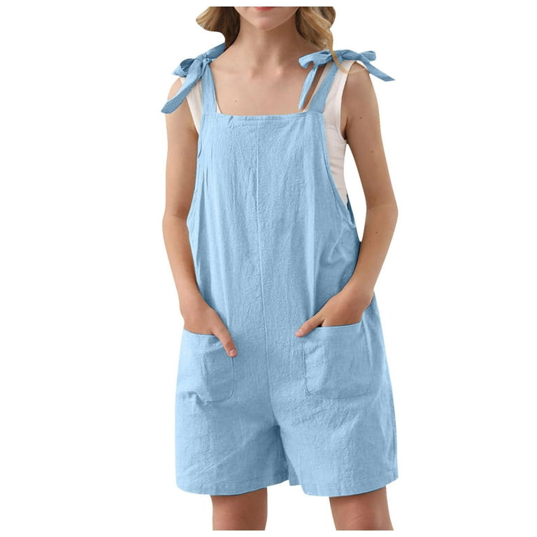 LUOGENLI Girls Jumpsuits Fancy Girls Romper Sleeveless Adjustable Tie up Strap Short Jumpsuits Summer Clothes with Pocket Cute Rompers for Girls 10 12