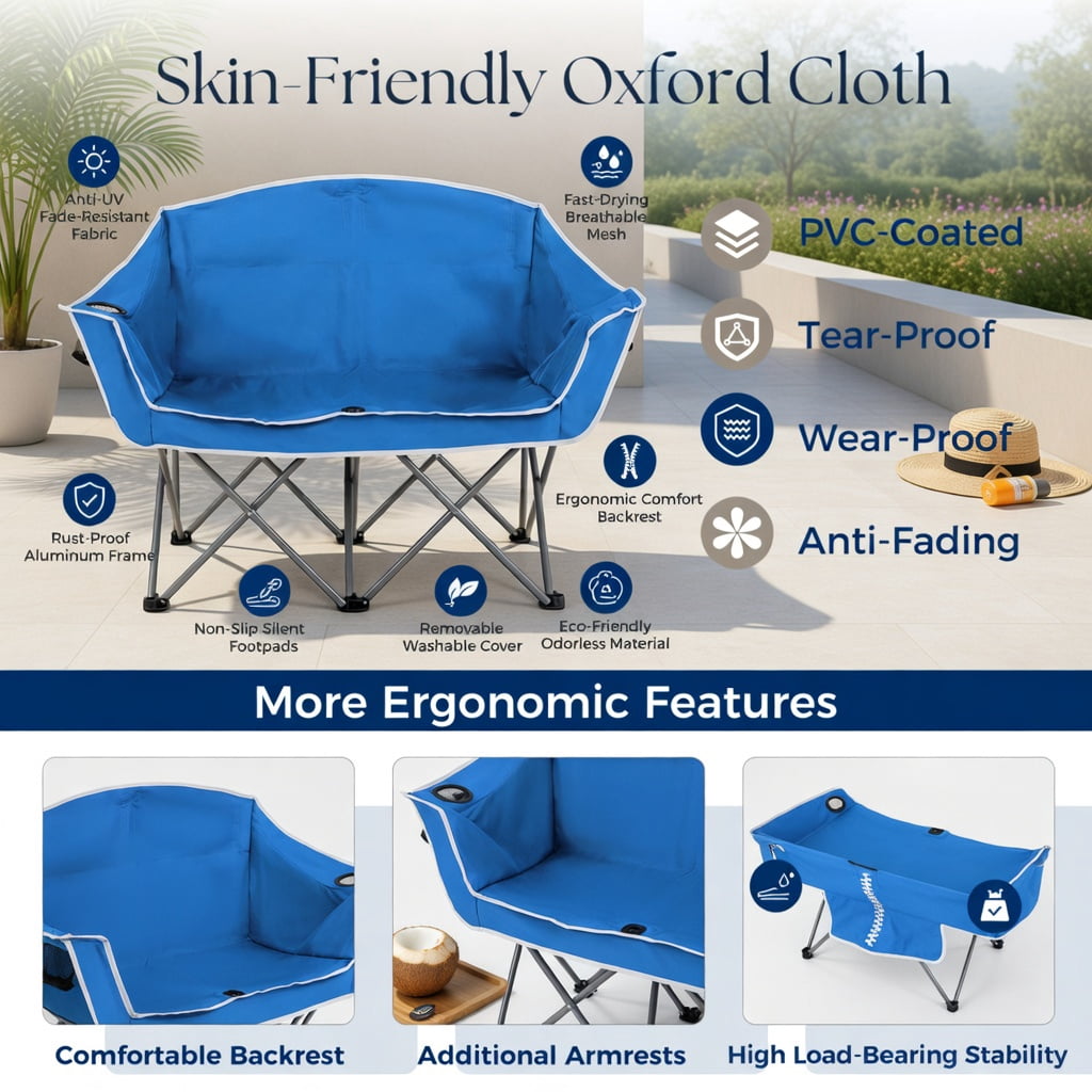 Hommoo Duo Portable Oversized Camping Loveseat Chair with Armrests, Dual Mesh Cup Holders & Heavy-Duty Steel Frame, Blue