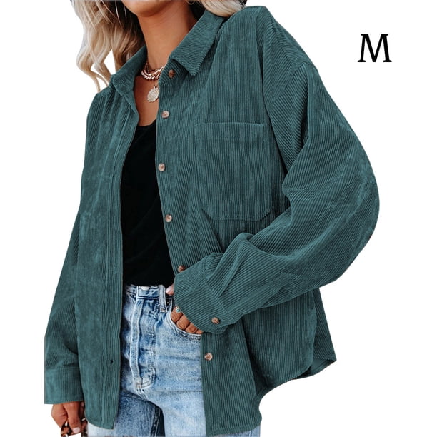 Sonducket Camisa de mujer Casual Botón Top Blusa de pana Blusa Abrigo de otoño Prendas para la parte del cuerpo Verde M