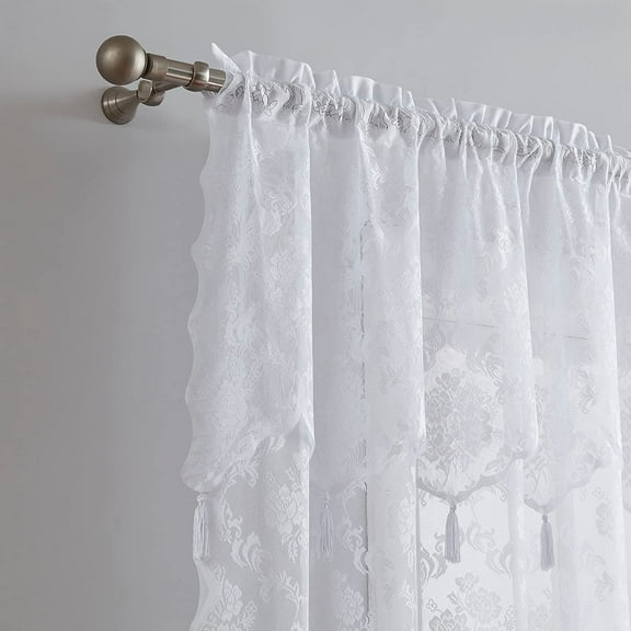 WARM HOME DESIGNS Luxury 84 Inches Long White Lace Curtains with Valance and Tassels for Living Room, Dining Room or Bedroom. MC White 84