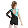 thumbnail image 2 of TSSOE Kids Girls Gymnastic Leotard Mesh Long Sleeve Rhinestones Ballet Dance Bodysuit Top with Sports Shorts Set Turquoise&Black 14, 2 of 7