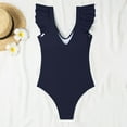 thumbnail image 3 of Women's Ruffled One Piece Swimsuits V Neck Tummy Control Cutout High Waisted Hawaii Floral Print Bathing Suit Navy,S, 3 of 5