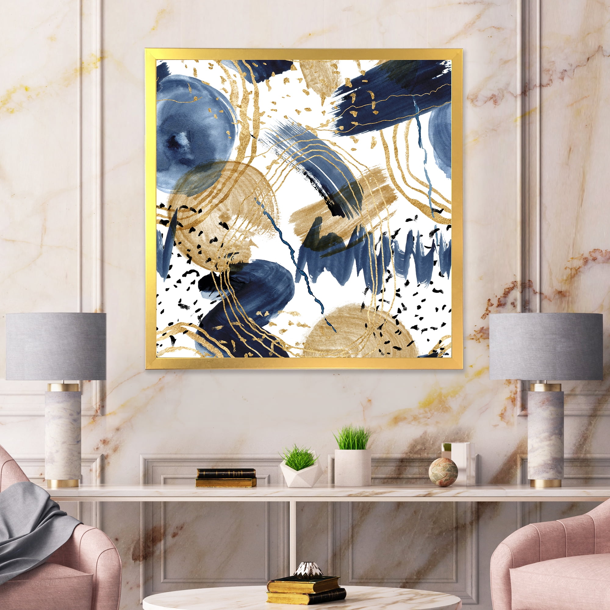 Designart 'Dark Blue & Golden Textures With Abstract Pattern' Modern Framed Art Print