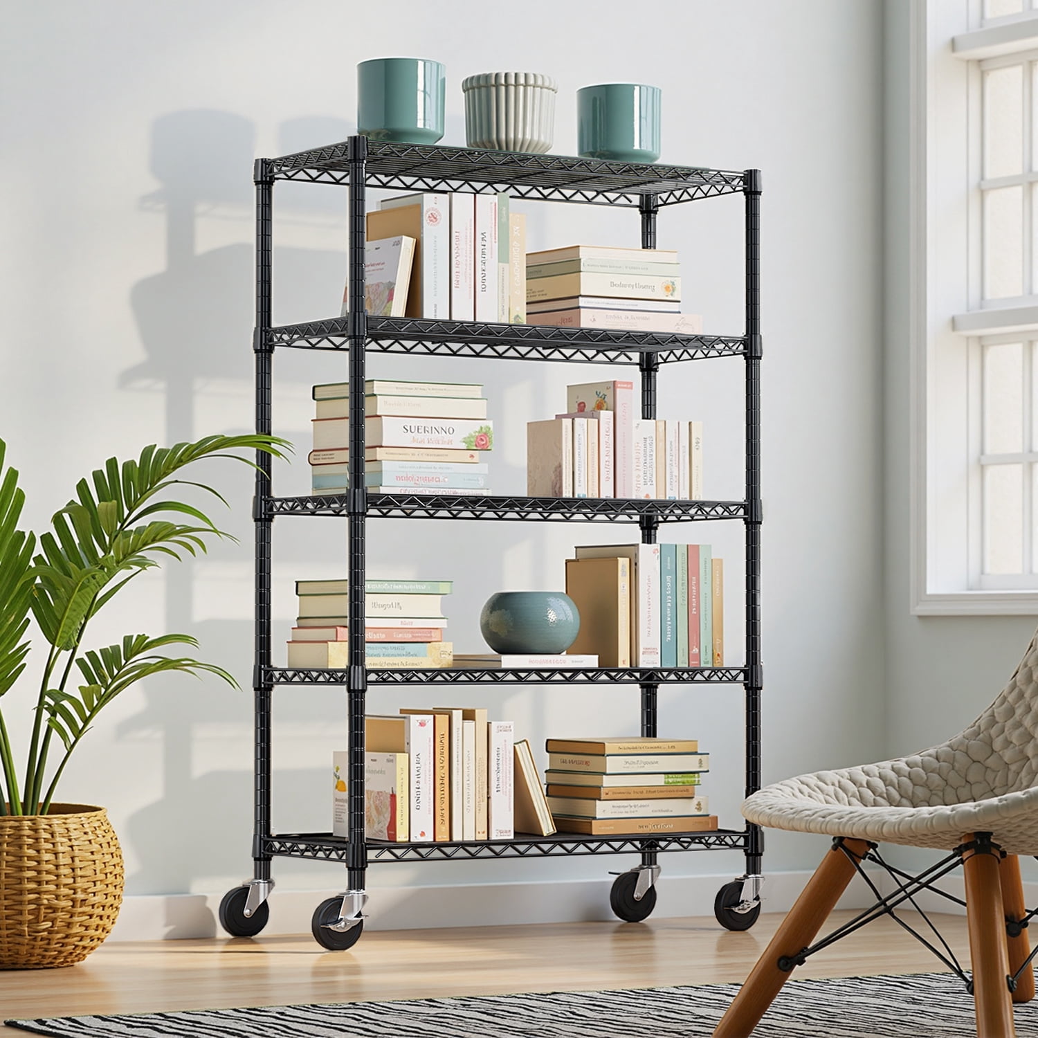 5-Shelf Storage Shelves, Wire Shelving Heavy Duty Metal Storage Shelving Unit Adjustable Garage Shelving Rack Pantry Kitchen (Black, 5 Tier, 17.7" D x 47.2" W x 75.6" H)