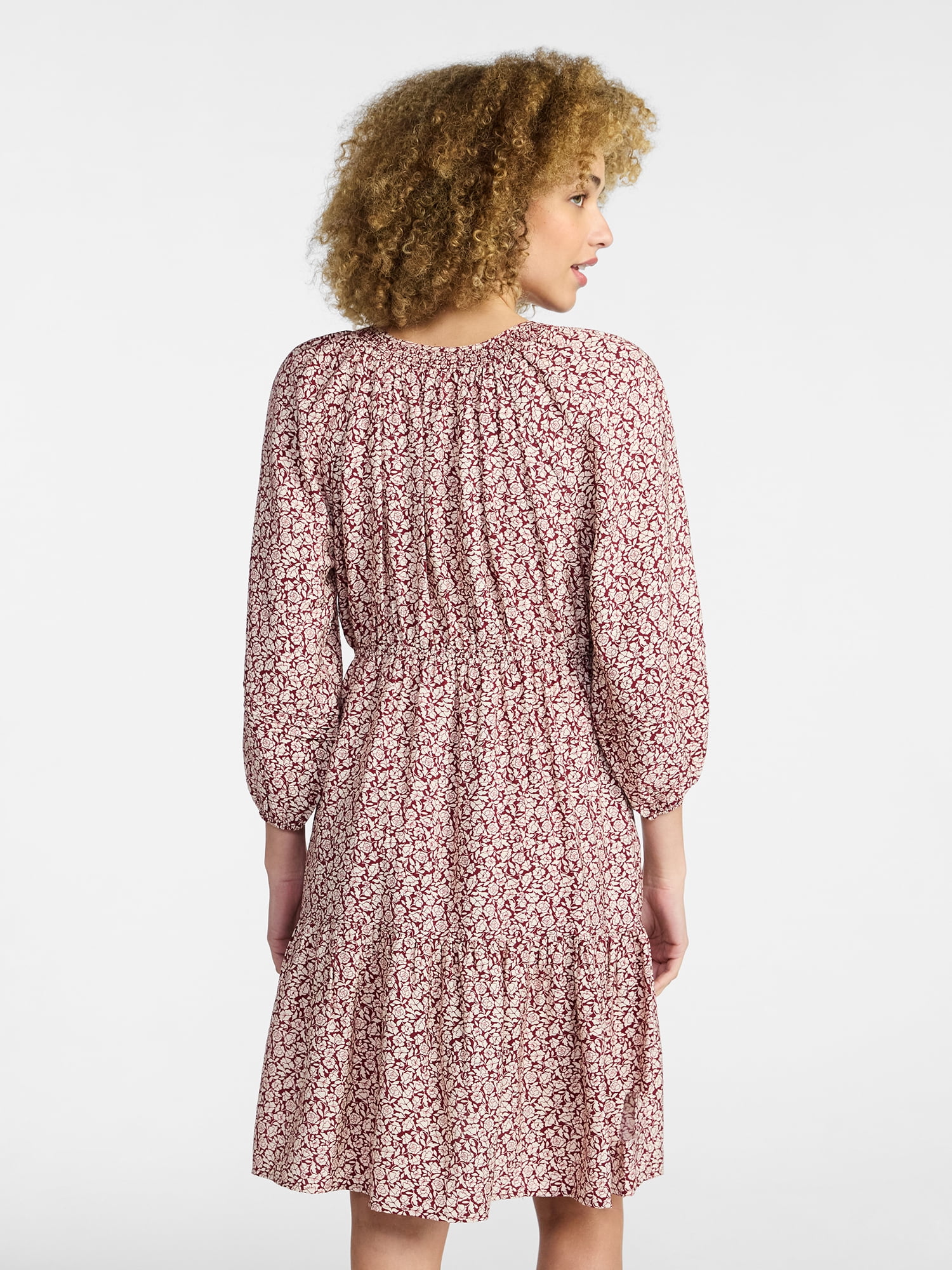 Time and Tru Women's Tiered Mini Dress with Blouson Sleeves, Sizes XS-XXXL