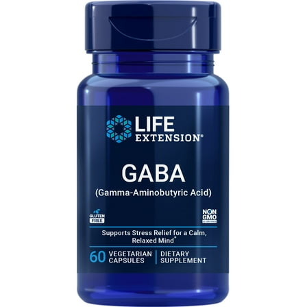 Life Extension GABA, stress support, GABA supplement, mood support, sleep, relaxation, gluten-free, non-GMO, vegetarian, 60 capsules