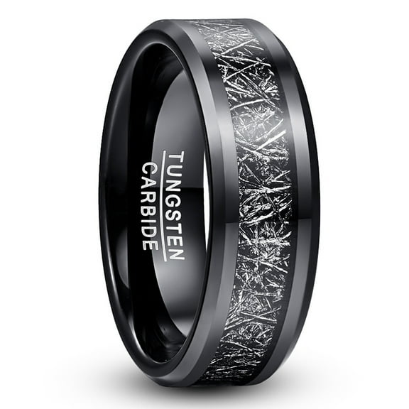 8mm Men's Black Tungsten Rings Imitated Meteorite Inlay Wedding Band with Beveled Edges Size 7-12