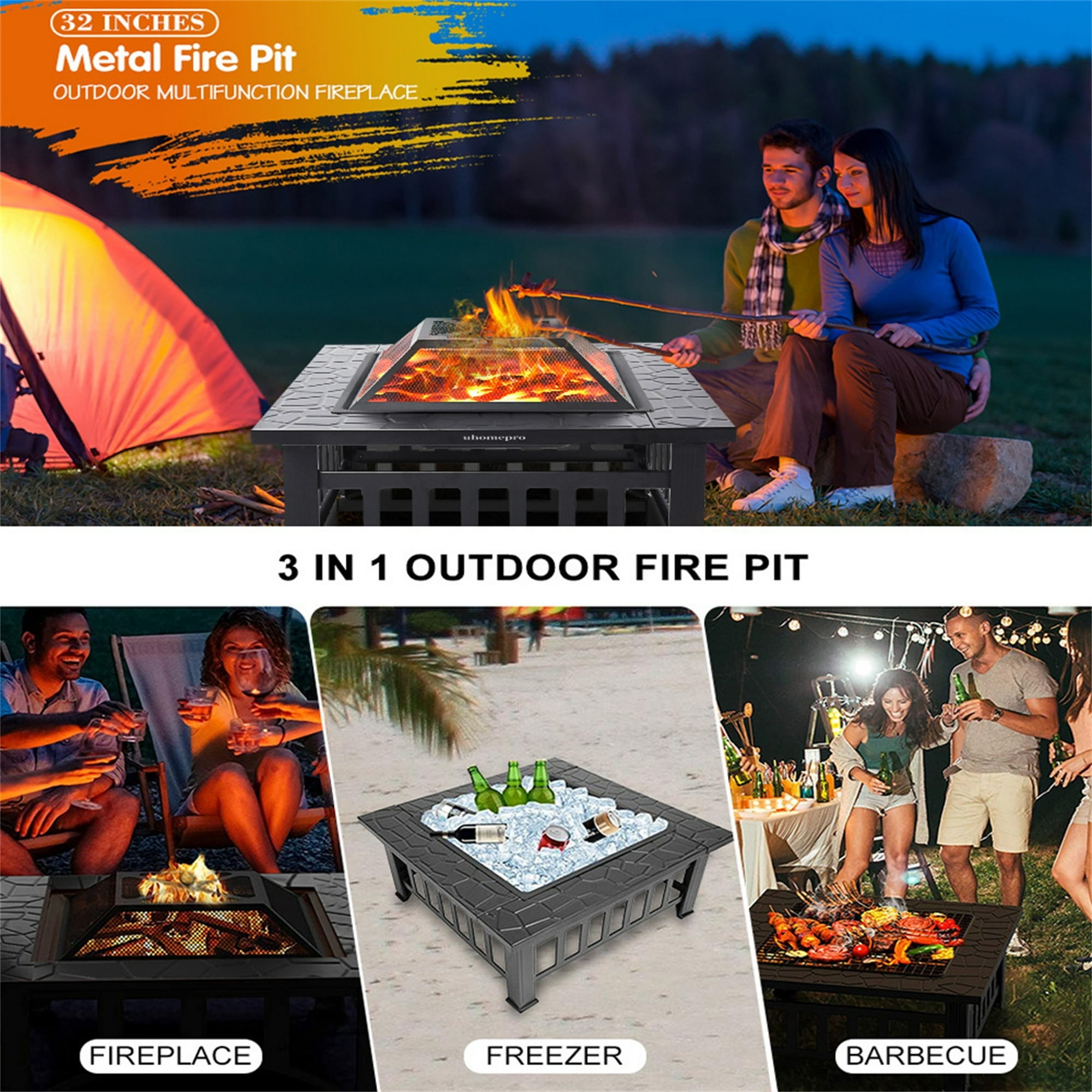 YDLW 32 Inch Square Fire Pit,Outdoor Fire Pit,Wood Burning Firepit,Bonfire Fire Pit,Firepits for Outside,Camping, Backyard, Patio,Bonfire