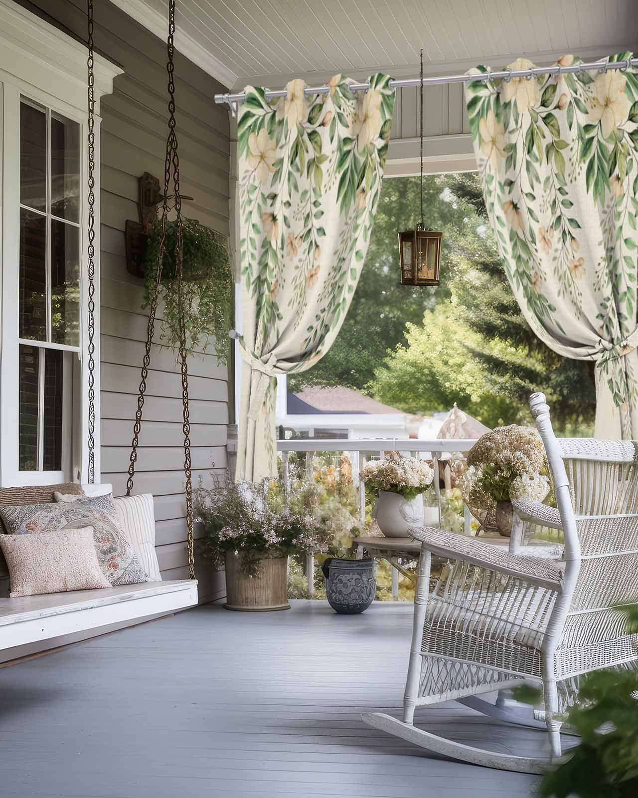 Spring Flowers Outdoor Curtains for Patio, Watercolor Beige Floral Falling Green Leaf Plant Linen Texture Waterproof Weatherproof Outside Privacy Curtains Outdoor Drapes for Porch 54x95 Inch, 2 Panel