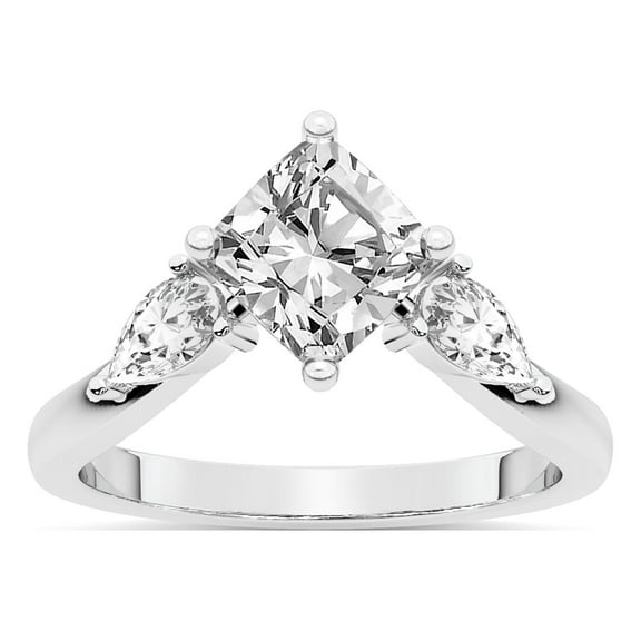 Cushion Shape 2 Carat IGI Certified Lab Grown Diamond Ring | 14K White Gold | Joella Three Stone Chevron Diamond Ring | FG-VS1-VS2 Quality Friendly Diamonds