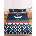 thumbnail image 2 of Full Size Fitted Sheet Set - Navy Blue Anchor 3 Piece Bedding Sets 16" Deep Pocket Fitted Sheet with 2 Pillowcases Nautical Ocean Retro Striped Geometric Brushed Microfiber Hotel Luxury Bed Sheets, 2 of 9