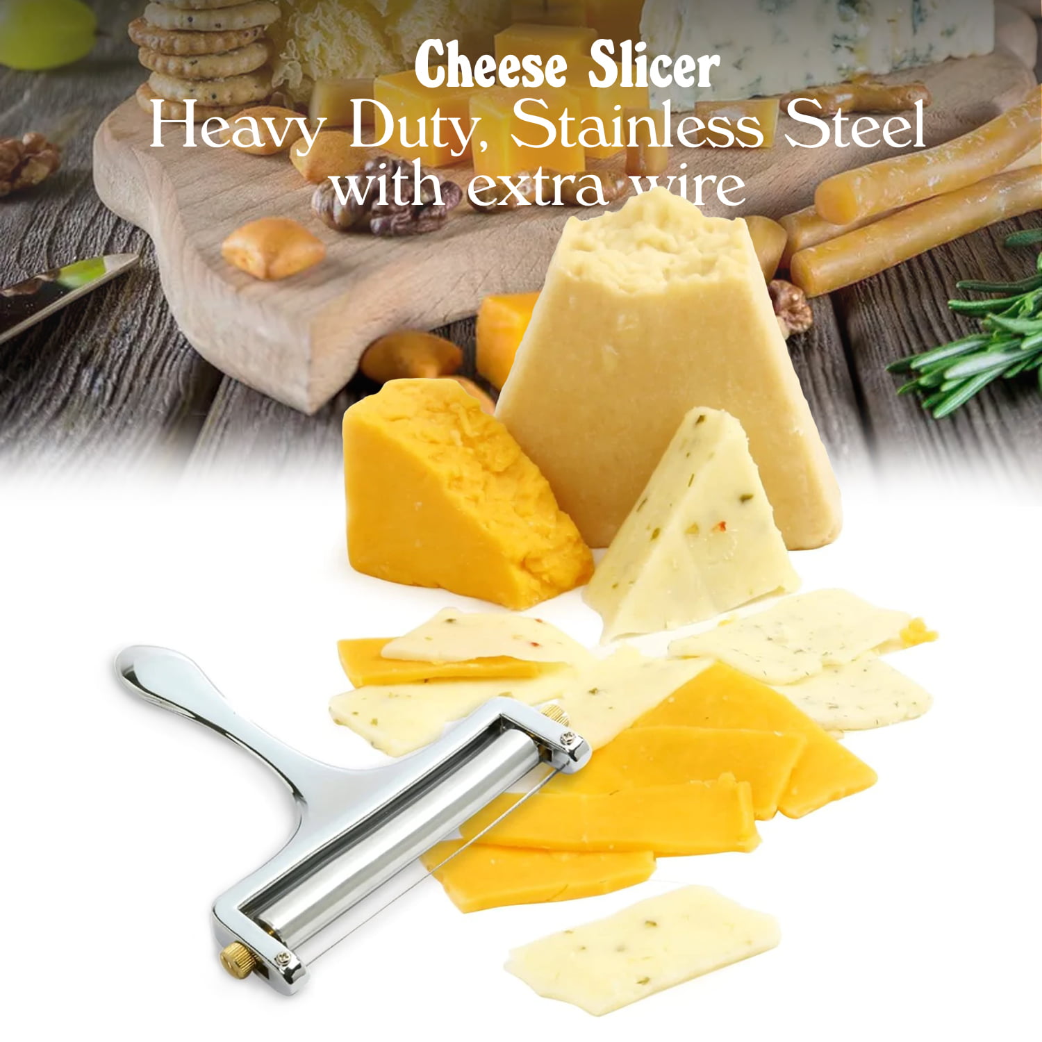 Gianna Stainless Steel Sturdy Wire Cheese Cutter with Adjustable Thickness  with 3.5 Inch Wide Cheese Cube - Handy Kitchen Tool 