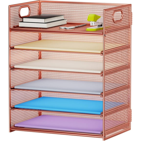 6 Tier Paper Organizer Letter Tray - Mesh Desk File Organizer with Handle, Paper Sorter Organizer for Letter/A4 Office File Folder Holder - Rose Gold
