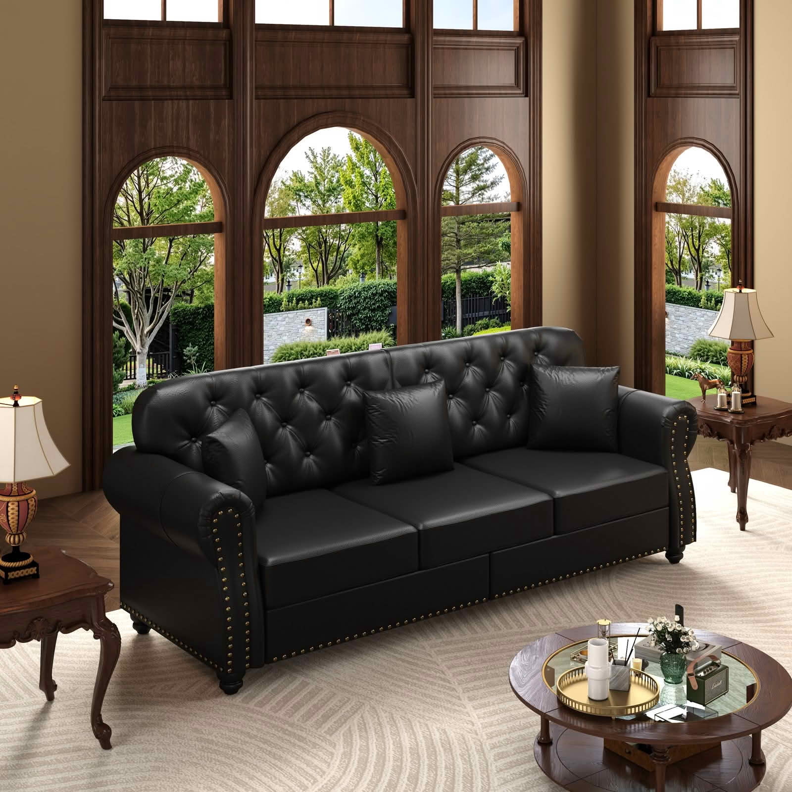 MAYEERTY Mid‑Century Modern Chesterfield Sofa Set, Faux Leather Upholstered 1+2+3 Seater Combination Couch with Button Tufted, Nailhead Trim & Rolled Armrests, Includes 6 Pillows