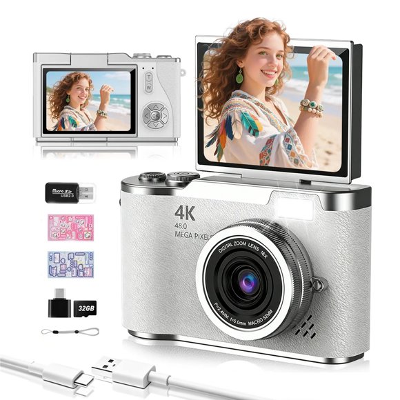 Beaowink Cámara 48MP 4K, Pantalla Volteable 180°, Zoom 8x, Flash+Filtros, Recargable 32GB, Blanco para Principiantes