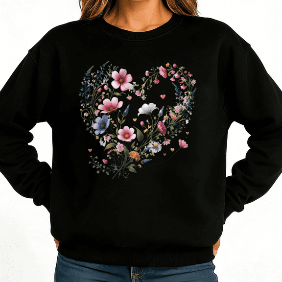 Boho Wildflower Heart Womans Sweatshirt Graphic Sweatshirt Black White S-3XL Gift For Her Loose Fit Crew Neck Tops