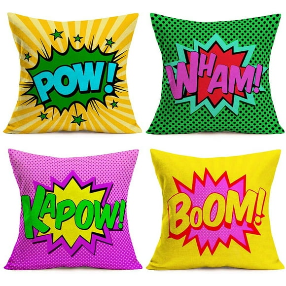 JOOCAR Set of 4 Super Hero Quote Throw Pillow Case Cushion Cover Comic Book Exclamation Pattern Decorative Square 18x18 Inch Pillowcase Best Gift (Pow Wham Kapow Boom)