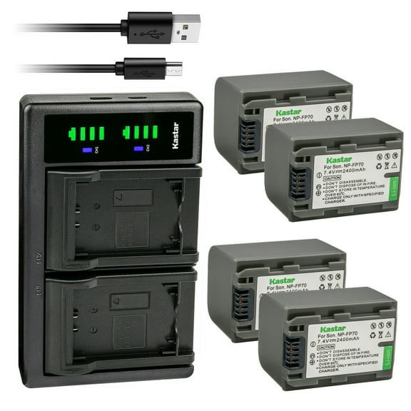 Kastar 4-Pack Battery NP-FP70/FP71 and LTD2 USB Charger Compatible with Sony DCR-SR30 DCR-SR40 DCR-SR50 DCR-SR60 DCR-SR70 DCR-SR80 DCR-SR90 DCR-SR100 HDR-HC3 HDR-HC3E DCR-DVD103 DCR-DVD105 Camera