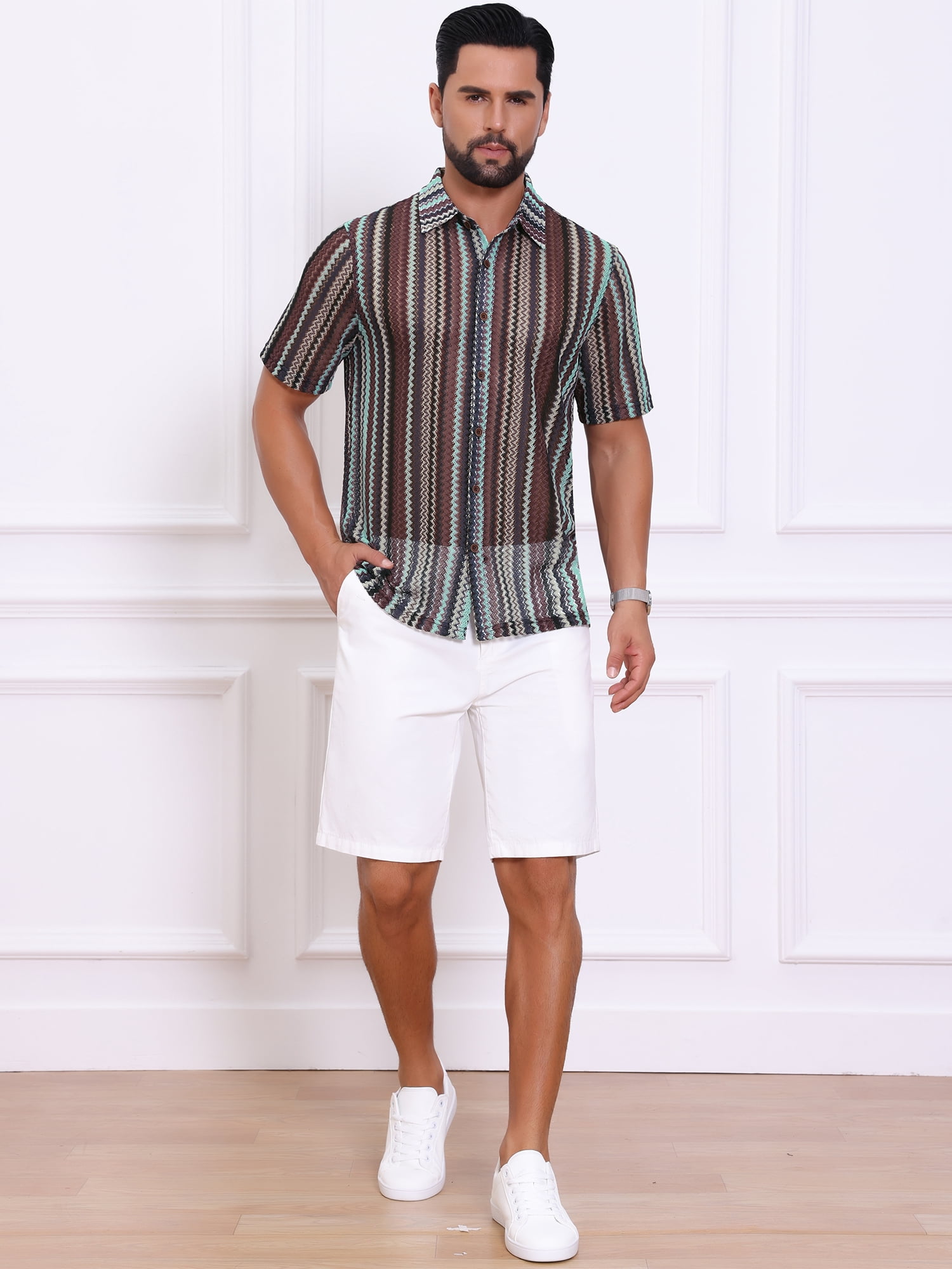 DARING DIVA Men's Striped Short Sleeve Button Down See Through Shirts 2XL Gray Brown