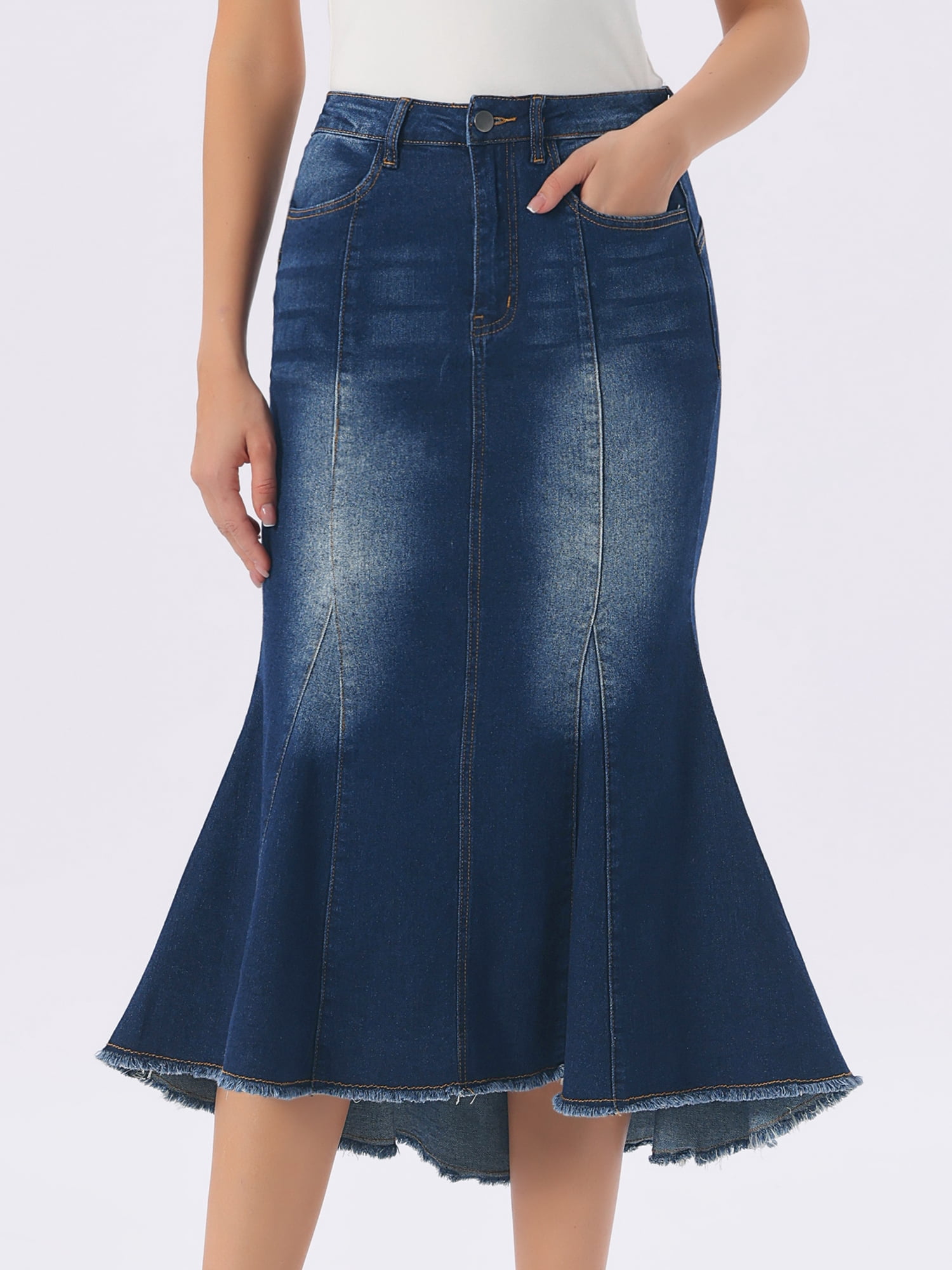 DARING DIVA Women's Raw Hem Fishtail Midi Skirt with Pockets S Black Blue