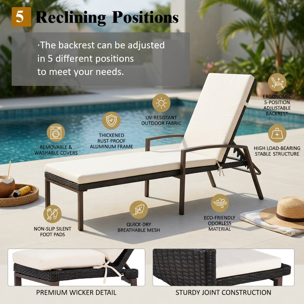 Hommoo 2-Pack Outdoor Rattan Reclining Chaise Lounge Chairs with Removable Cushions, 5-Position Adjustable Backrest, Weather-Resistant Patio Seating, Turquoise