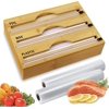 YIHATA Bamboo Plastic Wrap Dispenser with Cutter 3 in 1, Aluminum, Wax Paper, Foil and Plastic Wrap Organizer, Kitchen Wrap Organizer, Cling Wrap Dispenser with Slicer for Kitchen Drawer