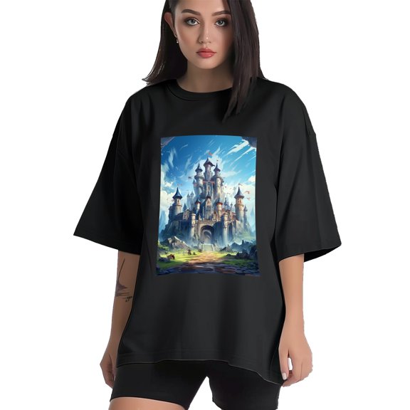 Plus Size Shirt for Women Black Tops for Women Short Sleeves Shirt for Women Castle T Shirt Crewneck Shirt for Women XS