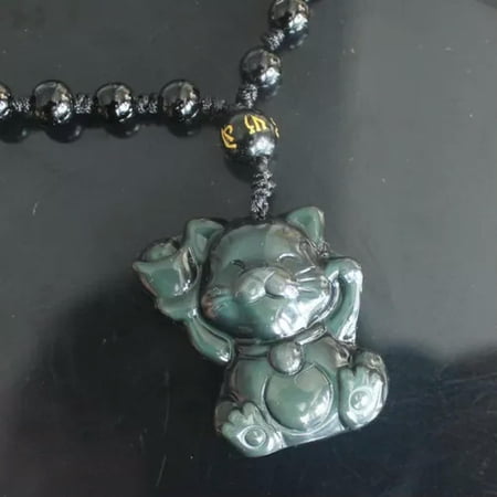 K-KED Rainbow Obsidian Fortune Lucky Cat Necklace Pendant with Adjustable Bead Chain
