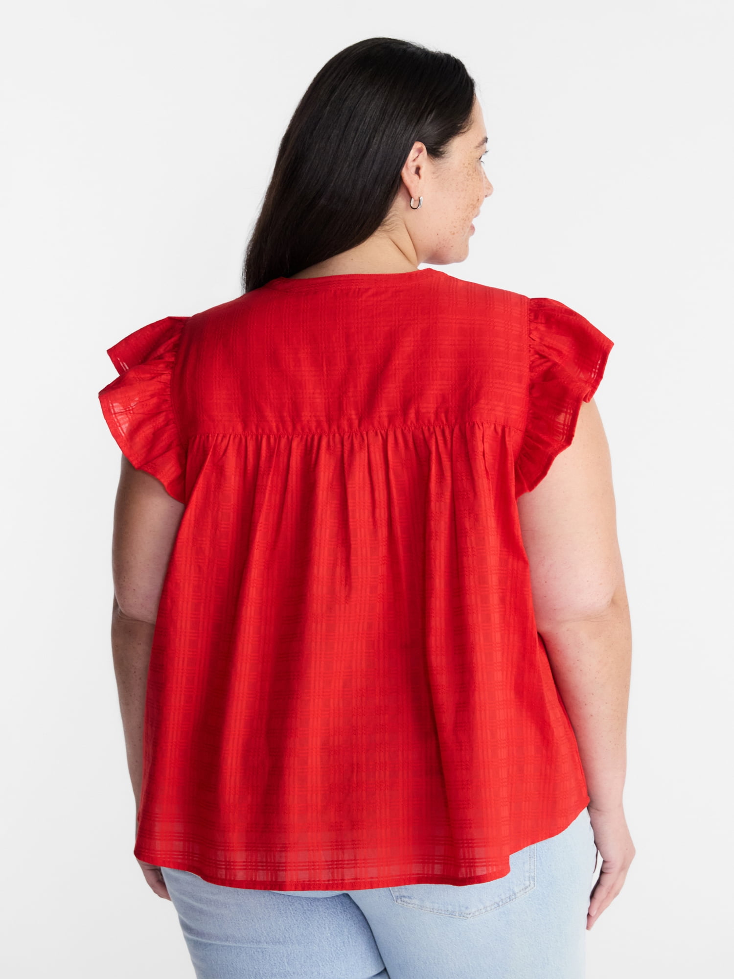 Terra & Sky Women’s Smocked Yoke Blouse with Flutter Sleeves, Sizes 0X-5X