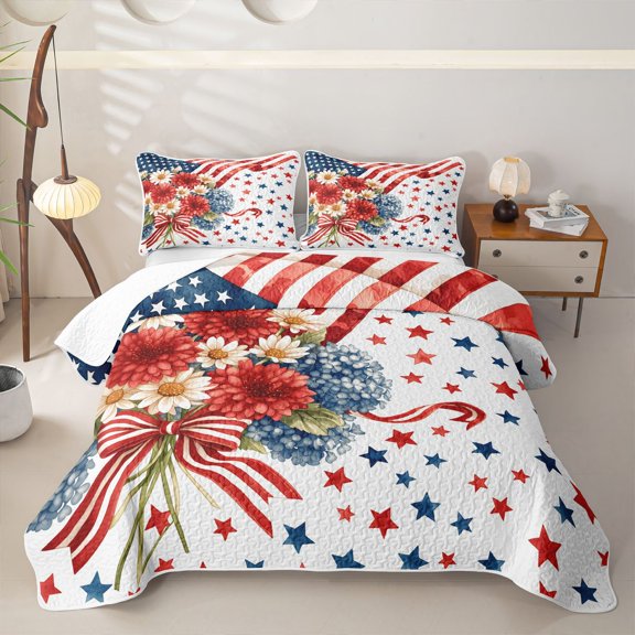 Manfei Watercolor Flowers Stars Twin Quilt Set,Us Flag 4Th Of July Twin Coverlet Set,Red White Blue,2-Piece