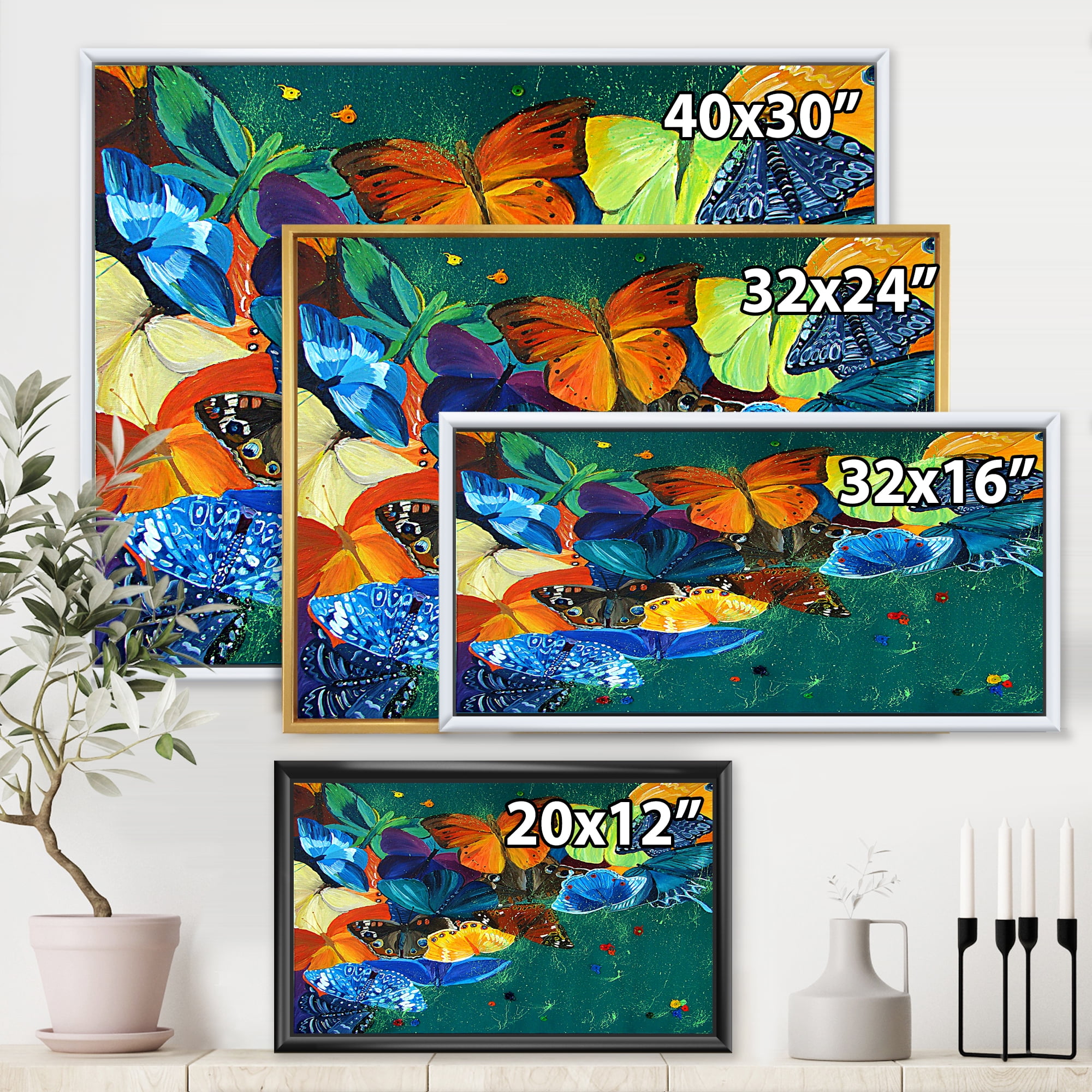 Abstract Colour Butterflies On A Gree 40 in x 30 in Framed Painting Canvas Art Print, by Designart