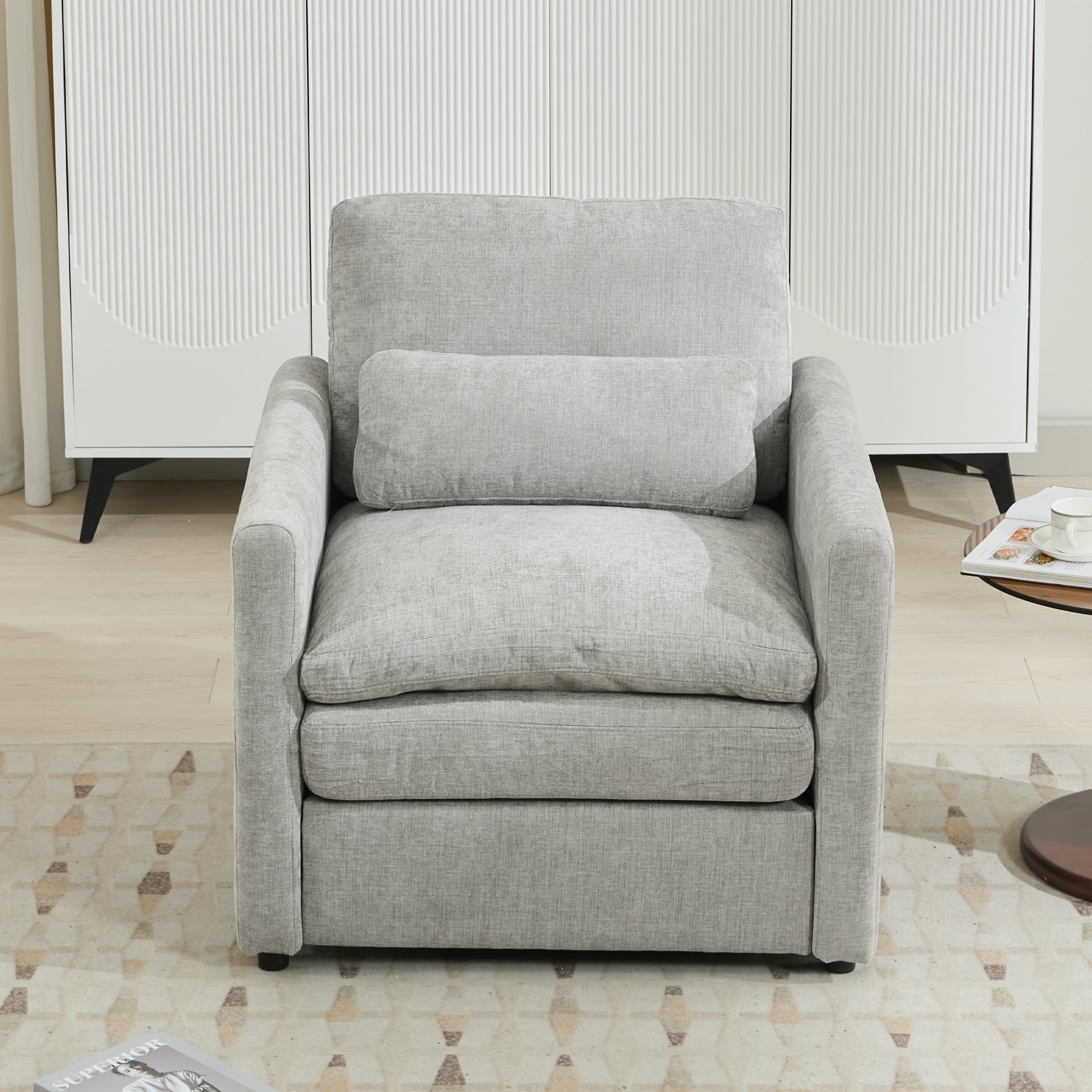 Euroco Modern Chenille Accent Armchair with Double-Layered Cushion, Detachable Lumbar Pillow & Ergonomic Armrests, Neutral Fabric Upholstery
