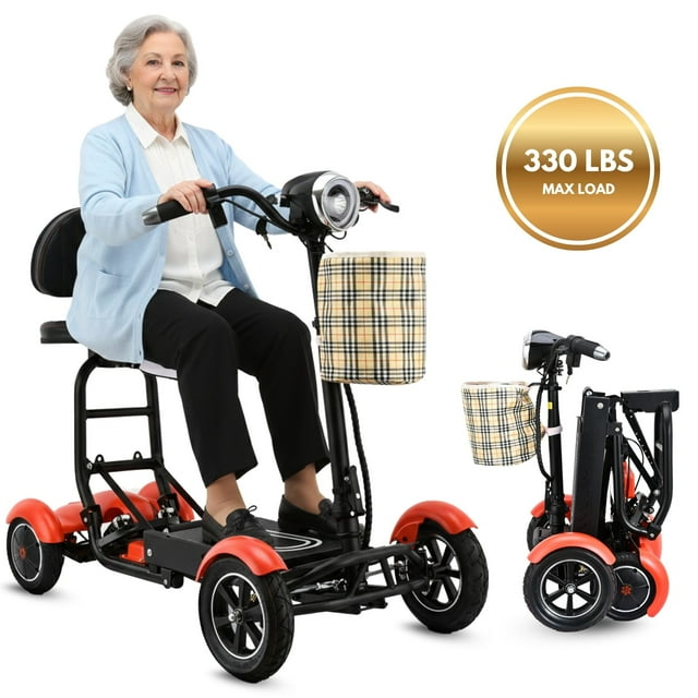 Dragon Mobile 4 Roues Compact Voyage Mobilité Scooter - 300 Lb Trottinette Tout-Terrain pour 2 Personnes avec Panier avant Inclus - Rouge Mat
