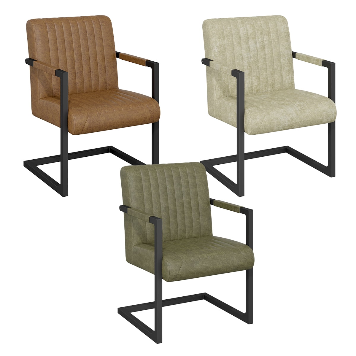 Faux Leather Dining Chairs Set of 2,Upholstered Art Accent Chair with Metal Legs and Padded Seat,Beige