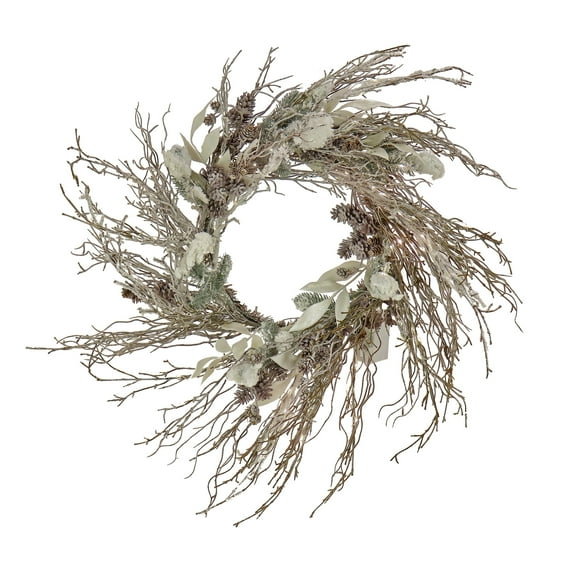 24 in. Pre-Lit Artificial Alpine Snow Christmas Wreath, Flocked, 150 Warm White LED Lights