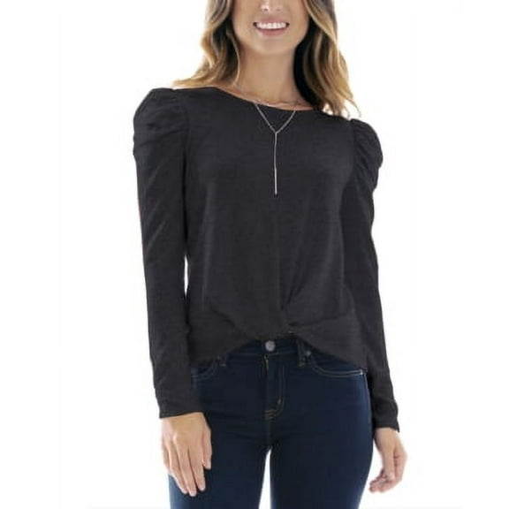MSRP $39 Bcx Juniors' Puff-Sleeve Twist-Hem Necklace Top Gray Size Small