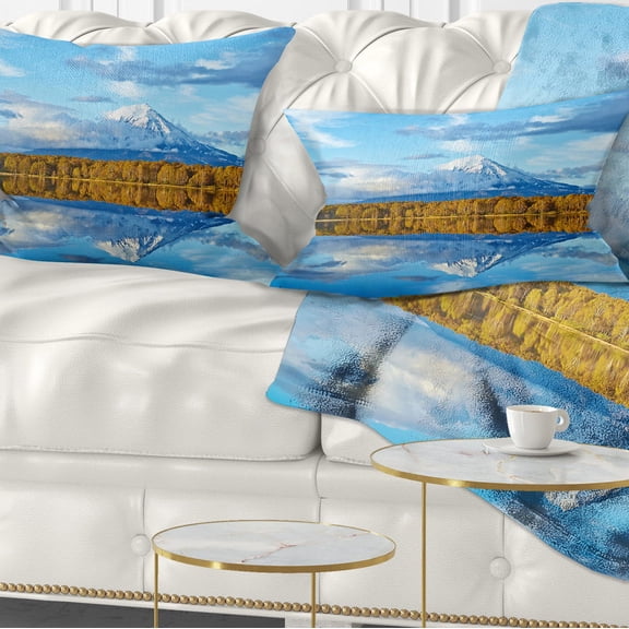 Designart Ancient Volcano and Lake Panorama - Landscape Printed Throw Pillow - 12x20