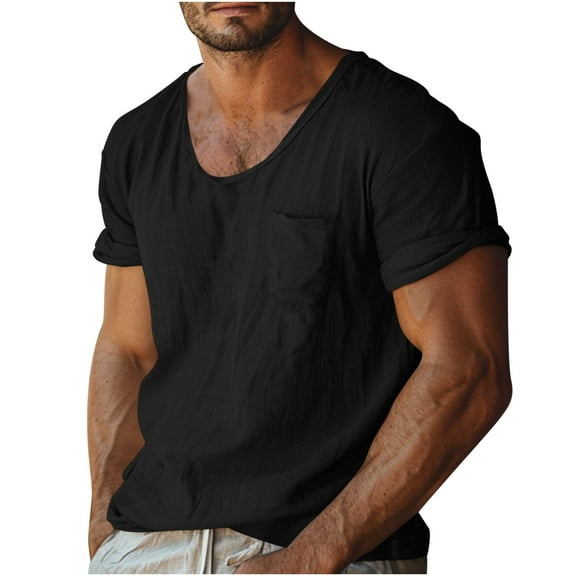 YFNNUP Mens Muscle Tees Cotton Linen Solid Color Basic T Shirts Loose Casual Short Sleeve V Neck Work Shirts with Pocket