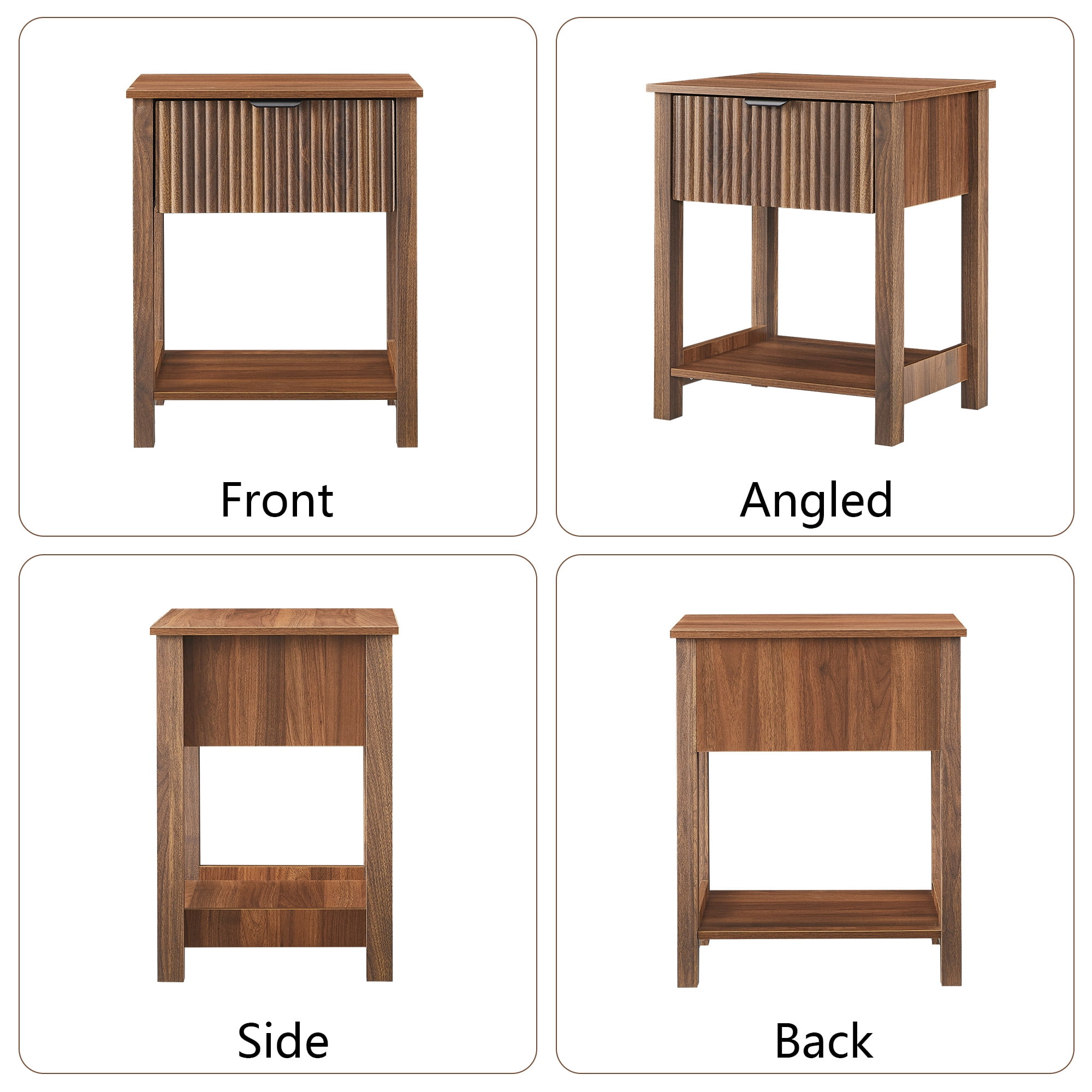 PHOYAL Fluted Nightstand for Bedroom, Wood Bedside Table with Drawers, Walnut