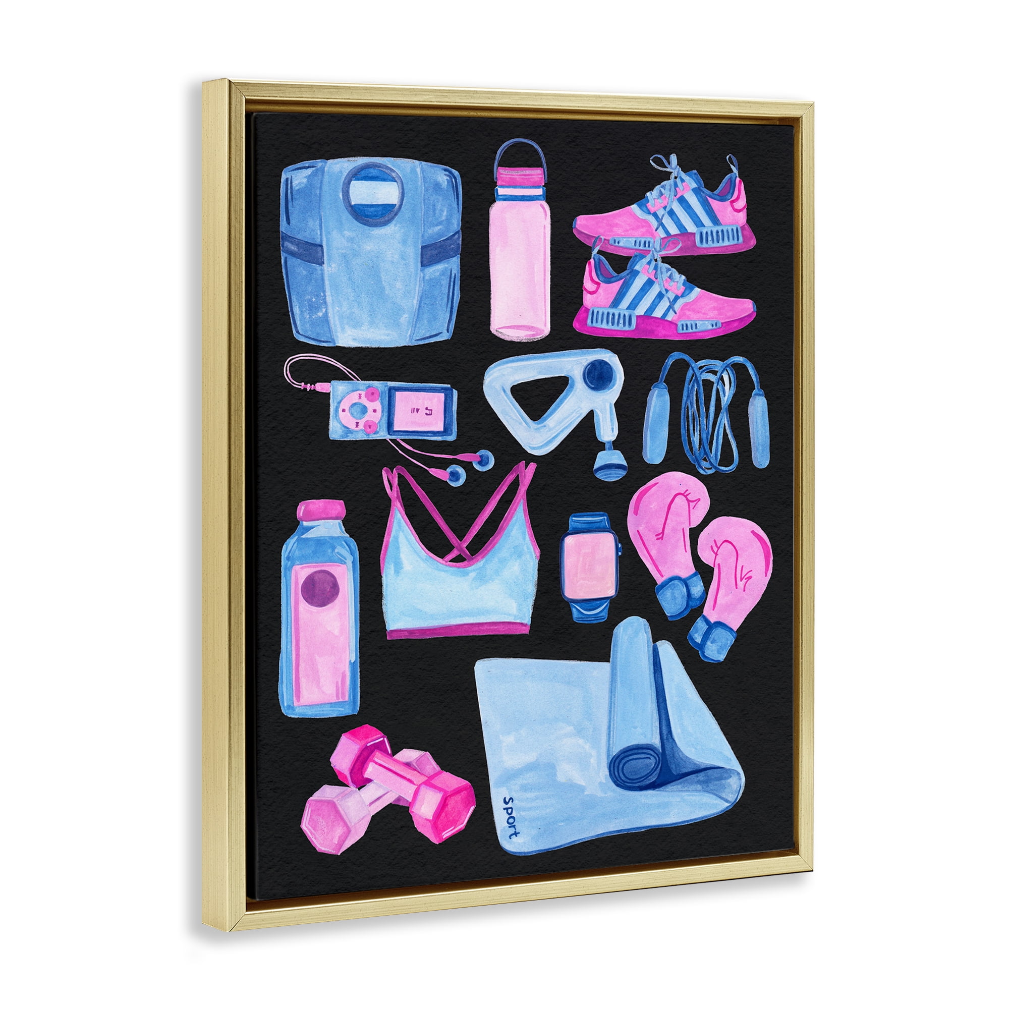 Stupell Industries Bold Exercise Equipment Sports Painting Gold Floater Framed Canvas Art Print Wall Art, 17 x 21