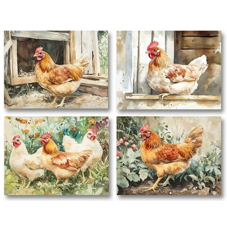 Small World Greetings Watercolor Chicken Note Cards 12 Count-Blank Inside with Envelopes-A2 Size 5.5" x 4.25"-Farmhouse Hen Art Stationery for All Occasions-Country Animal Designs–Rustic Farm-Themed