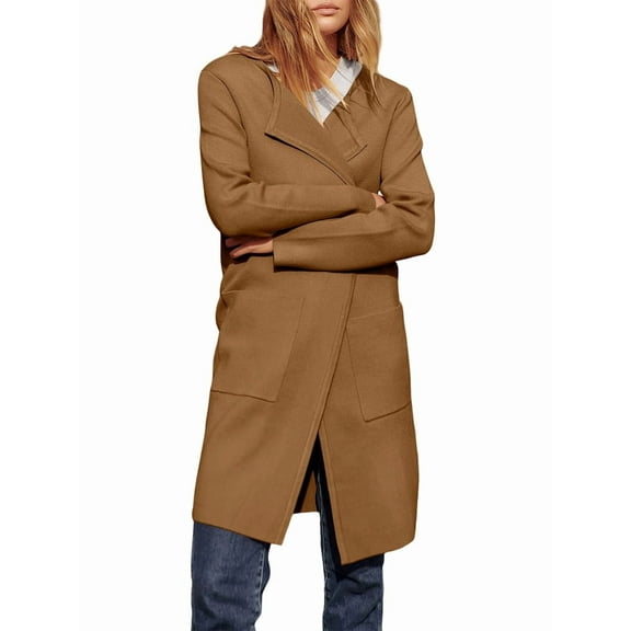 Women'S Comfortable Casual Coat Lapel Woolen Coat Fashion Casual Jacket Long Coat Fall Winter Clothing Brown XXL