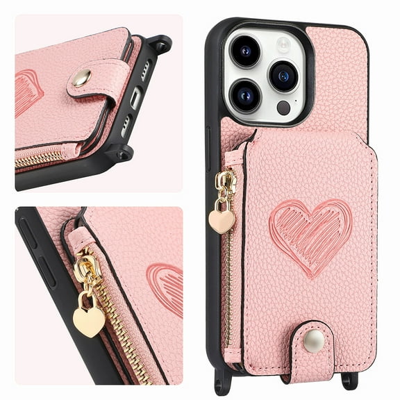 SaniMore Case for iPhone 15 Pro Max (6.7" 2023), [Crossbody Adjustable Lanyard Zipper Wallet Card Slots] PU Leather Luxury Love Heart Kickstand Magnetic Car Mount Wallet Cover foe Girls Women, Pink