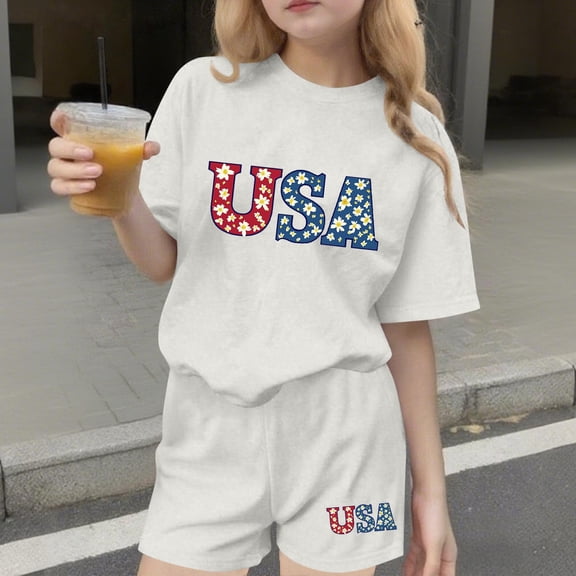 Girls Summer Outfits 2 Piece Set Round Neck Printing Leisure Short Sleeves Top and Solid Color Shorts Comfortable Lightweight Casual Cute Daily Wear 3-15 Years